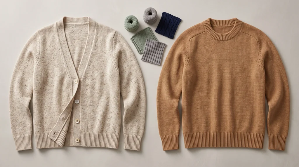 Cardigan vs sweater construction comparison with yarn, plackets and closures