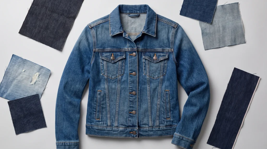 Denim jacket material showing fabric weight, washes, stitching and hardware