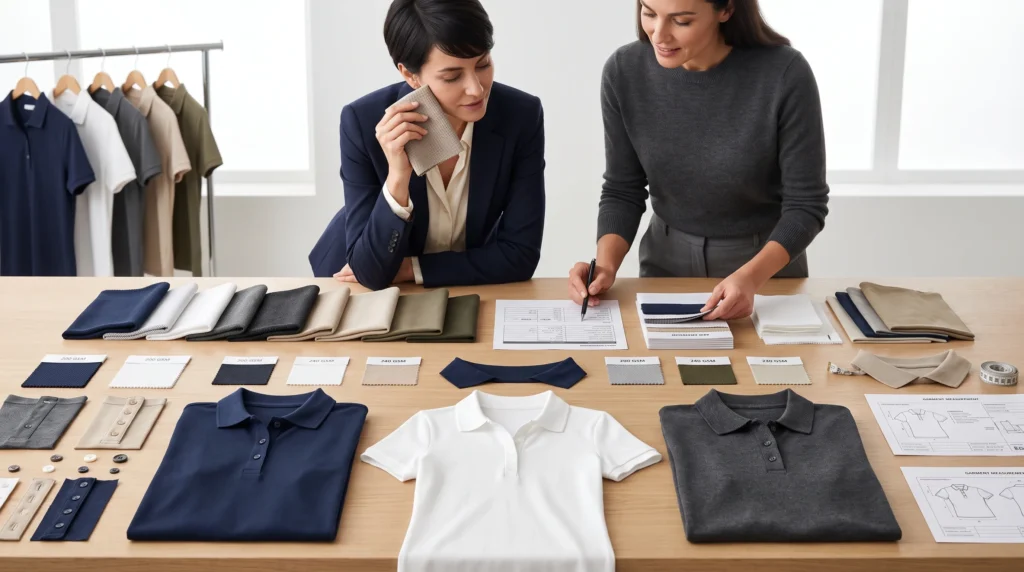 Pique fabric and women’s polo shirt samples showing fabric texture, GSM and product development