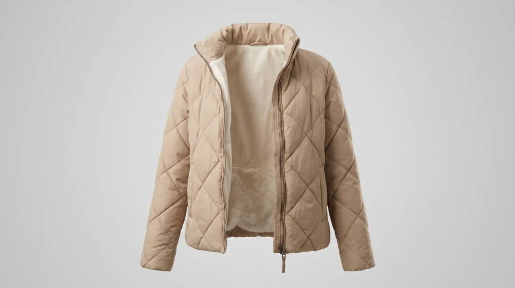Puffer jacket fabric showing shell, filling, insulation and construction