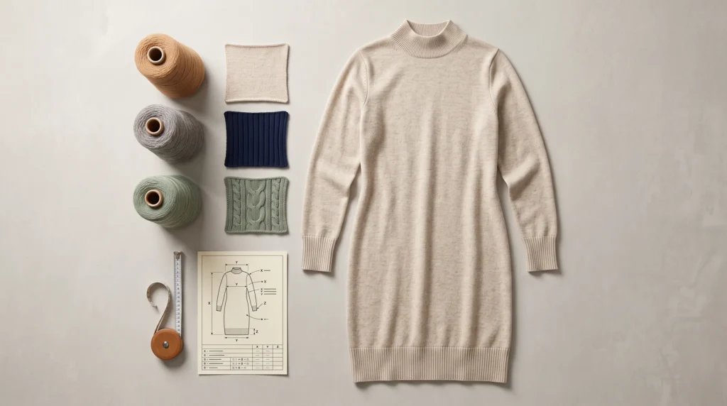 Sweater dress material, knit structure, fit and construction details