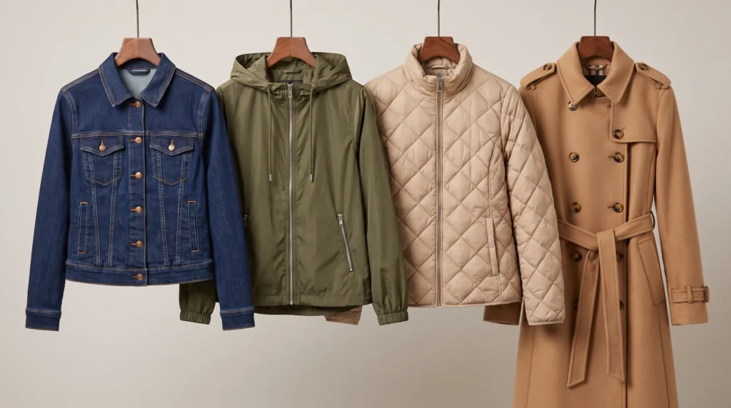 Different types of jackets for women showing denim, padded and lightweight styles