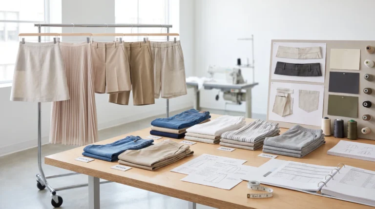 Home Types of skirts and shorts with fabric swatches for apparel product development