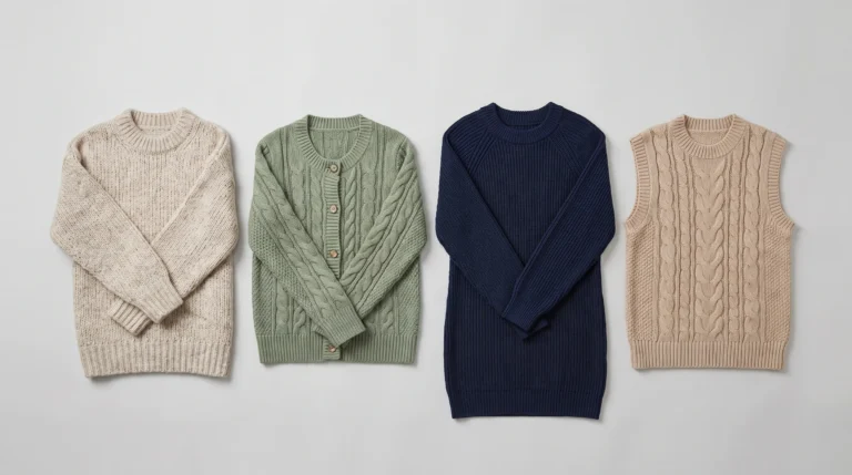 Types of sweaters including a women’s jumper, cardigan, sweater dress and sweater vest