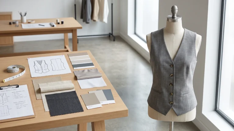 Home Women’s woven vest fabric swatches, lining and construction details