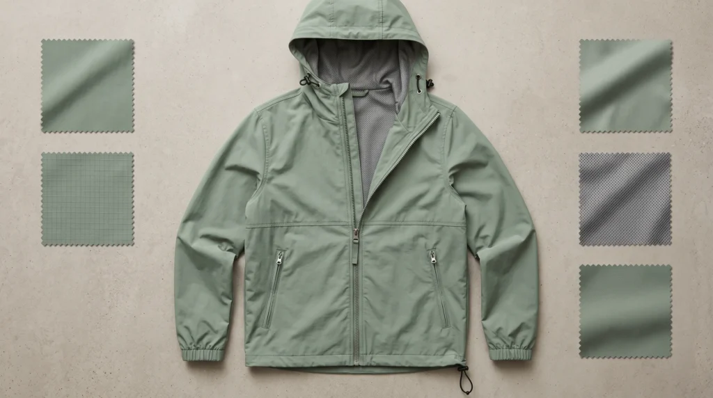 Windbreaker material showing lightweight shell fabrics, lining and jacket construction
