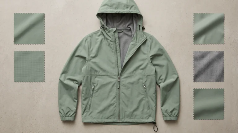 Windbreaker material showing lightweight shell fabrics, lining and jacket construction