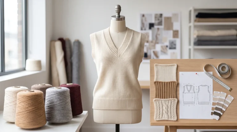 Women’s sweater vest with yarn cones and knitted swatches for product development