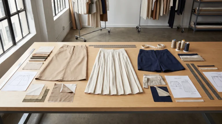 Home Woven shorts and skirts with cotton twill, linen and fabric construction details