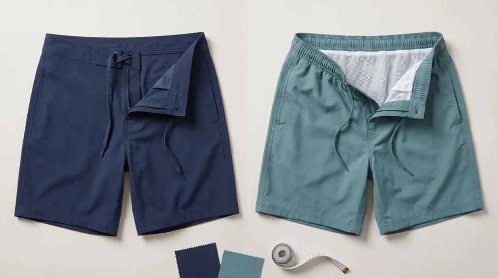 Board shorts vs swim shorts comparison showing a fixed waistband and an elastic waistband with a mesh liner
