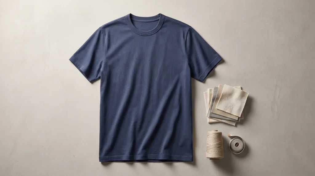 Navy men’s crew-neck Combed Cotton T Shirt with jersey swatches and a measuring tape