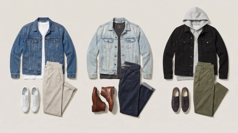 Jean Jacket Outfits for Men, Three men’s jean jacket outfits with chinos, dark jeans and hoodie layers arranged on a studio surface