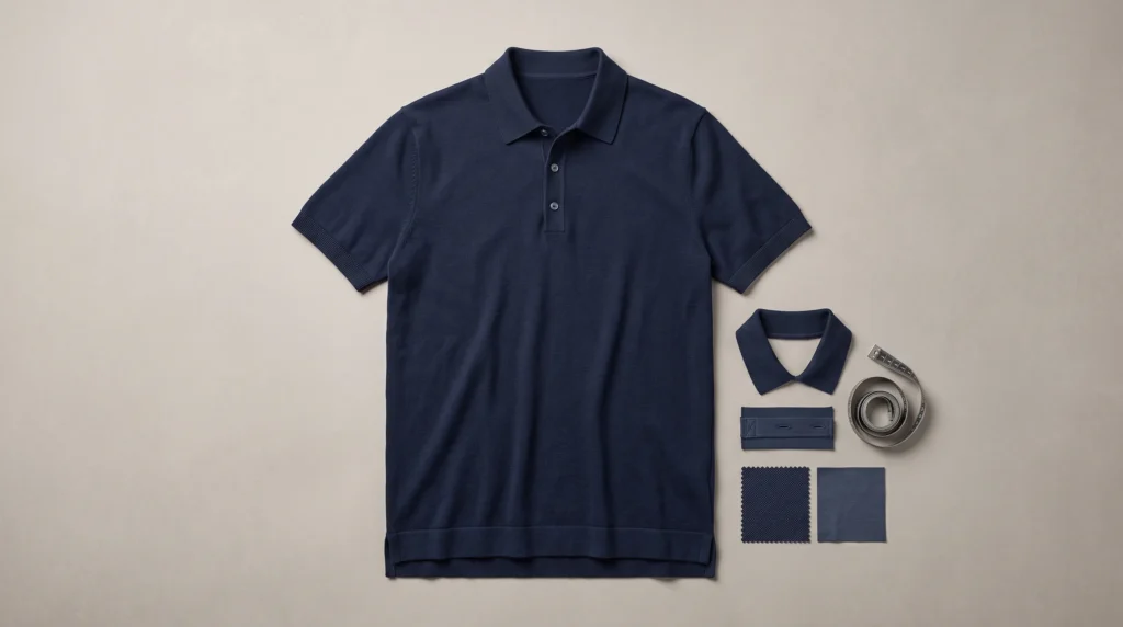 Men's polo shirt construction with a knitted collar, button placket and sleeve cuffs beside garment construction samples