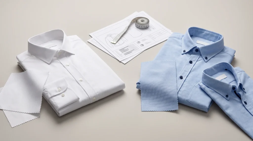 Poplin vs Oxford shirt fabric swatches beside a men’s long-sleeve shirt showing cuff, collar and placket construction