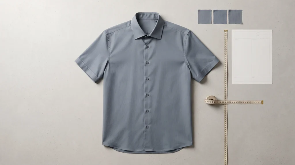 Men’s short sleeve shirt fit with measurement references for sleeve length, body length and fit review