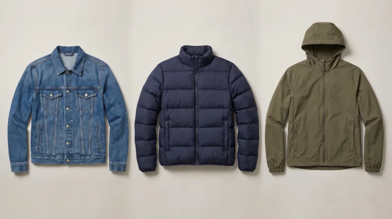 Types of Jackets for Men, Blue denim trucker jacket, navy puffer jacket and olive lightweight hooded jacket arranged side by side