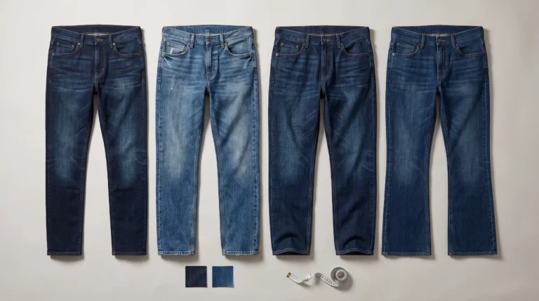 Types of Jeans for Men slim, straight, relaxed and bootcut jeans arranged with denim swatches and a measuring tape