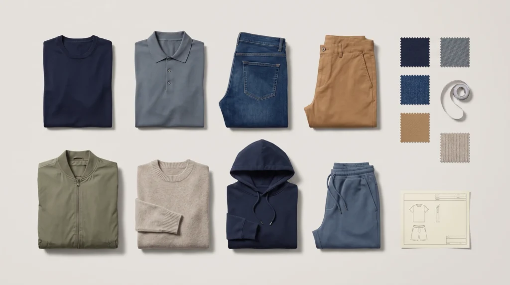 Types of mens clothing categories including T-shirt, polo, jeans, jacket, knitwear and trousers arranged for apparel sourcing