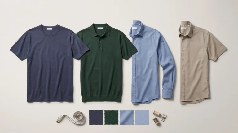 Types of shirts for Men T-shirt, polo, long-sleeve and short-sleeve shirts arranged with fabric swatches