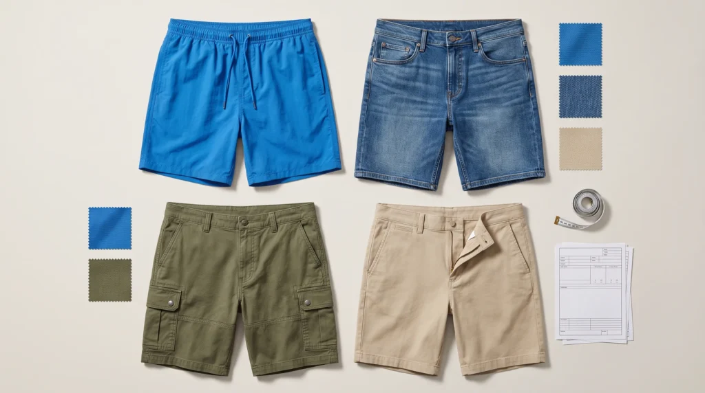 Types of Shorts for Men swim, denim, cargo and chino shorts arranged to compare fabric, fit and construction for apparel sourcing