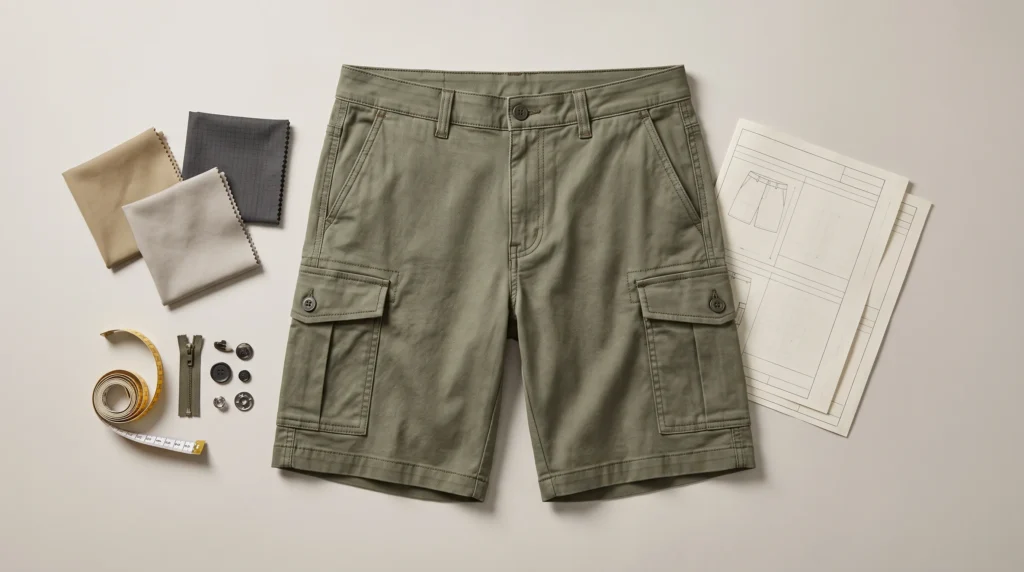 What Are Cargo Shorts? Men’s cargo shorts showing cotton twill fabric, thigh cargo pockets, waistband and reinforced construction details