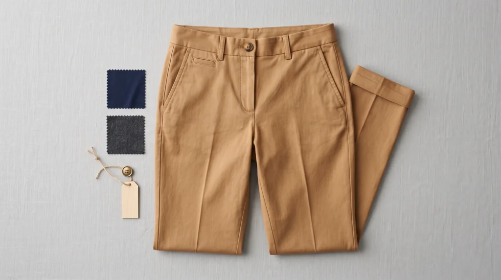 what are chino pants and showing cotton twill, waistband, pockets and construction details