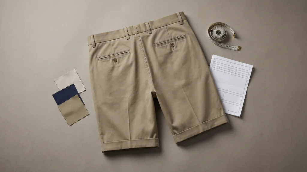 What Are Chino Shorts? Men’s chino shorts laid flat with visible twill fabric, waistband, pocket and hem details.