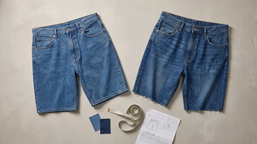 What Are Jorts? Men's denim shorts with raw and stitched hems beside denim swatches and a measuring tape.