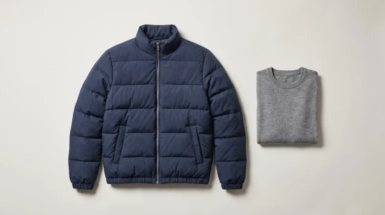 What Is a Puffer Jacket? Men’s navy puffer jacket with quilted panels beside a gray sweater for layering