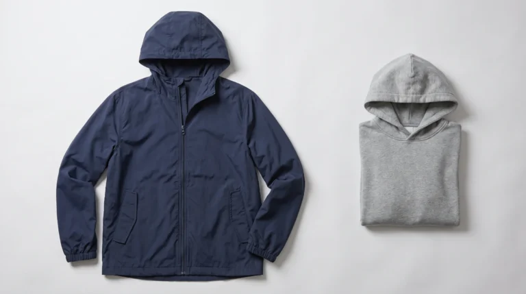 What Is a Windbreaker? Men’s navy hooded windbreaker with a front zipper beside a folded gray hoodie