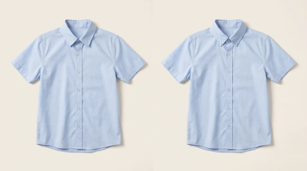Button Up vs Button Down, Two blue kids’ short-sleeve button-up shirts, one with a plain point collar and one with button-down collar points