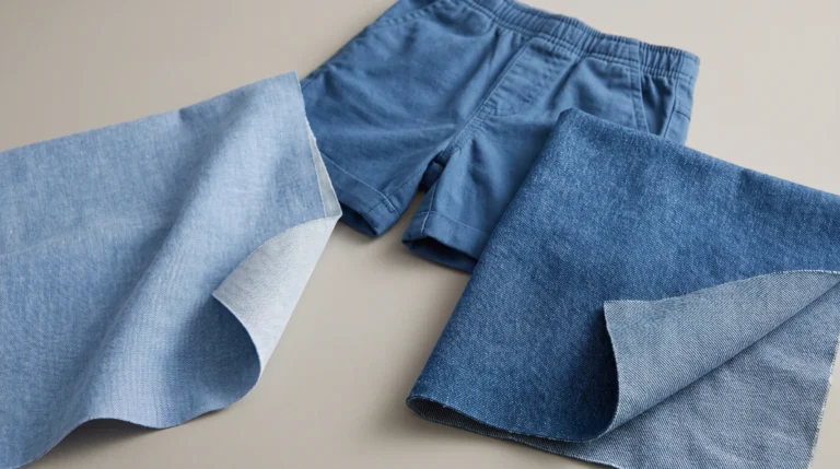 Chambray vs Denim, Light blue chambray and darker blue denim swatches beside a pair of children’s shorts.