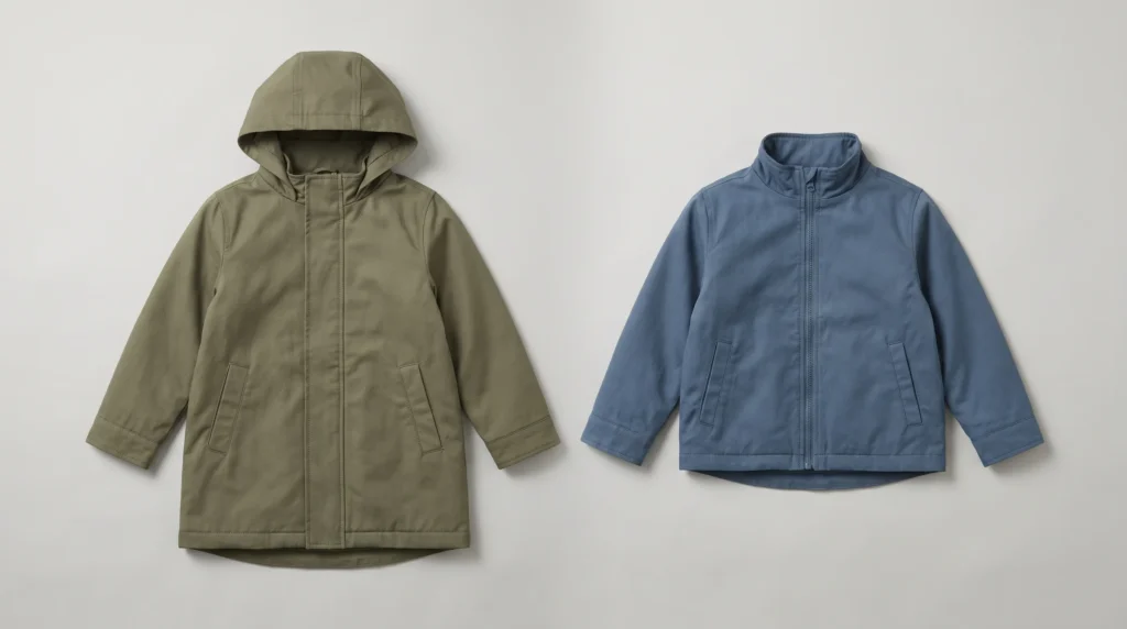 Coat vs Jacket, Longer olive kids’ coat and shorter blue kids’ jacket laid side by side on a light surface