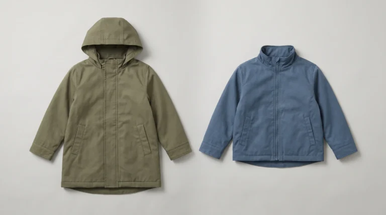 Coat vs Jacket, Longer olive kids’ coat and shorter blue kids’ jacket laid side by side on a light surface