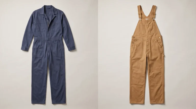 Coveralls vs Overalls, Navy long-sleeve coveralls beside tan bib overalls with shoulder straps on a neutral studio surface