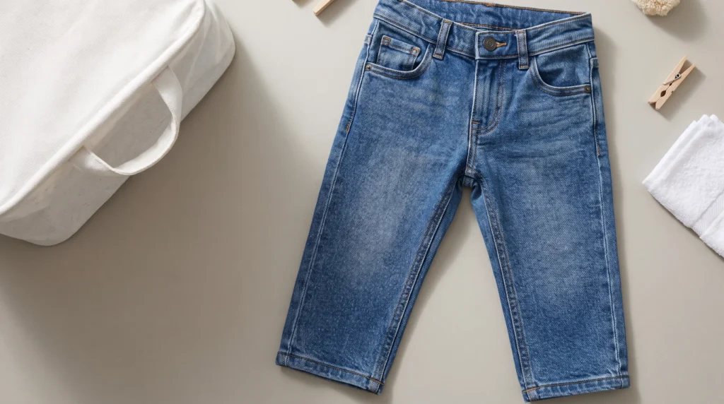 Do Jeans Shrink in the Dryer? Blue kids’ jeans laid flat beside a white laundry basket on a light surface