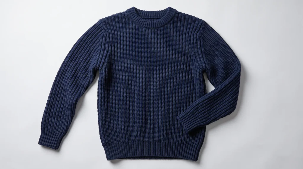 Fisherman Sweater Rib, men’s ribbed crew-neck sweater with vertical knit columns laid flat on a light-gray background