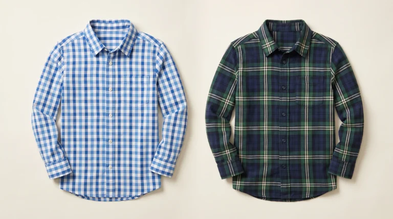 Gingham vs Plaid, Two kids’ long-sleeve shirts: blue-and-white gingham on the left and navy-and-green plaid on the right