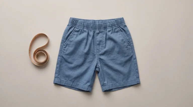 How to Measure Inseam on Shorts, Blue kids’ shorts laid flat beside a coiled measuring tape on a light surface