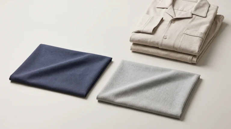 Modal vs Cotton, Navy and light gray fabric swatches beside a folded men's pajama set on a neutral studio surface