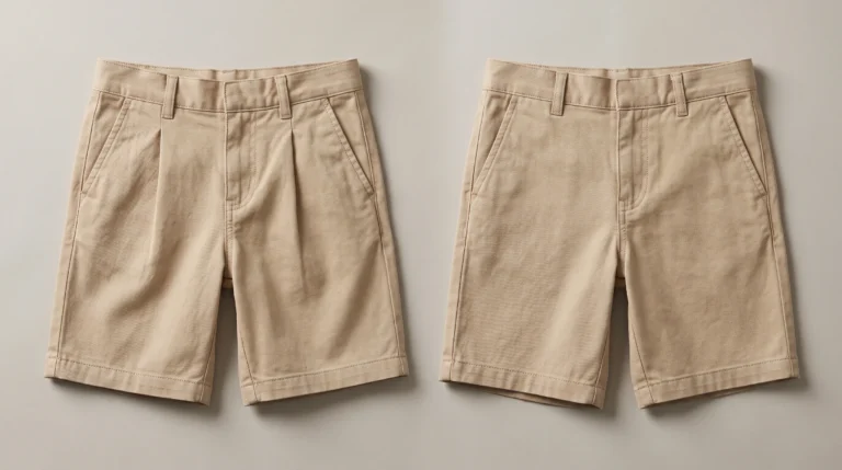Pleated vs Flat Front, Two beige children’s chino shorts laid side by side, one with front pleats and one with a flat front.