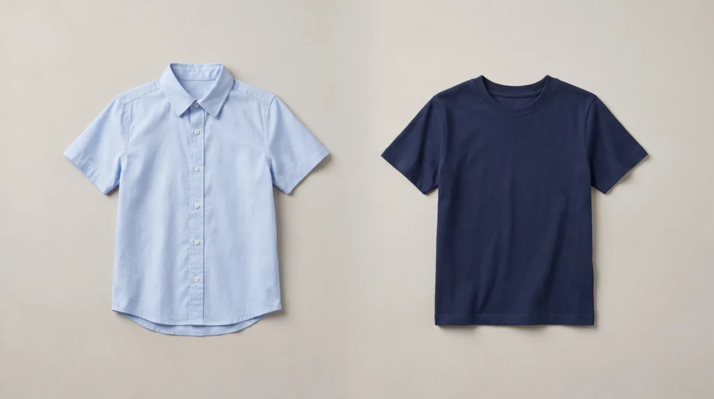 Shirt vs T Shirt, Kids’ button-front shirt and crew-neck T-shirt laid flat side by side