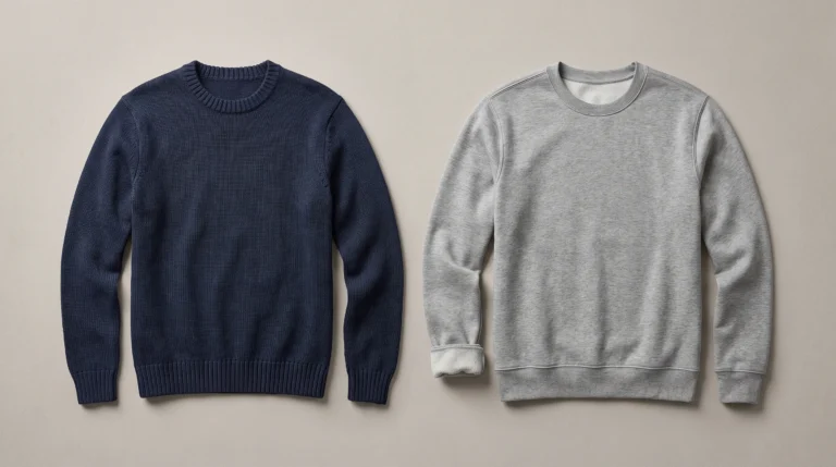 Sweater vs Sweatshirt Navy crew-neck sweater beside a gray sweatshirt with one cuff turned back to show its brushed interior