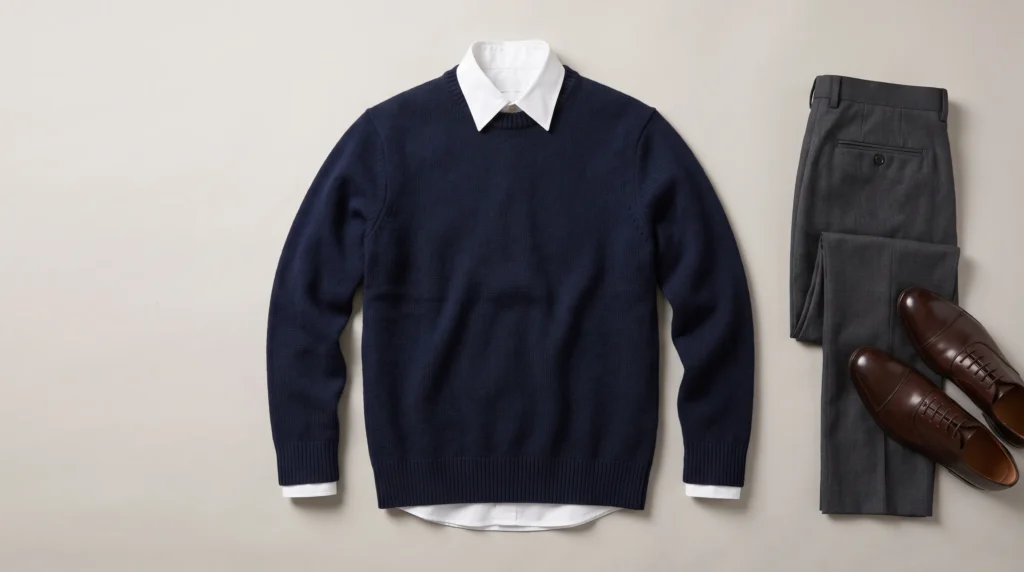 Sweater with Collared Shirt, Navy crew-neck sweater layered over a white collared shirt with the collar and cuffs visible