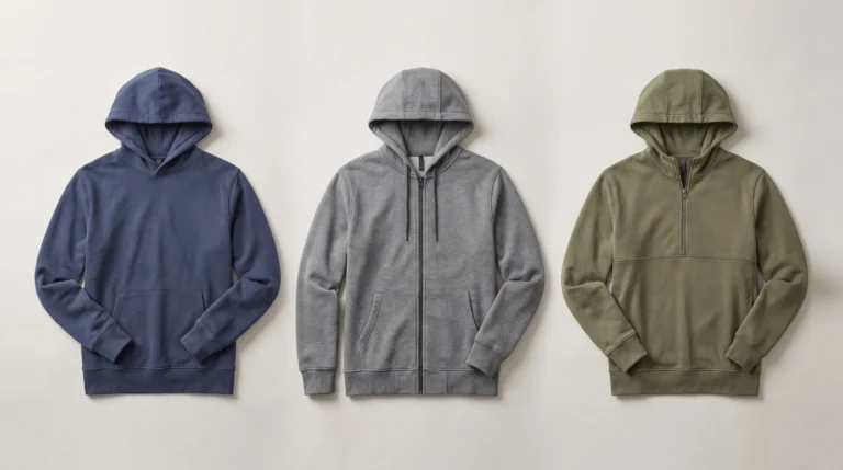 Types of Hoodies, Navy pullover, gray full-zip and olive half-zip hoodies arranged on a neutral studio surface