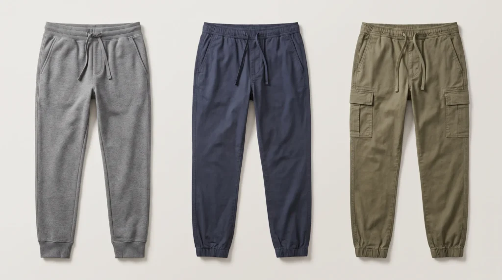 What Are Joggers? Gray cuffed joggers, navy joggers and olive cargo joggers arranged side by side on a neutral surface
