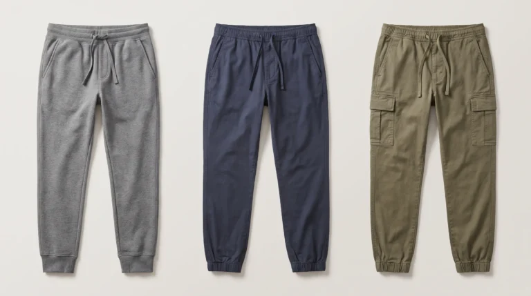 What Are Joggers? Gray cuffed joggers, navy joggers and olive cargo joggers arranged side by side on a neutral surface