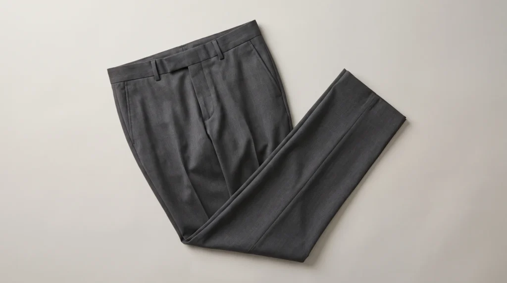 What are slacks, Charcoal men's slacks laid flat, showing the waistband, front pockets, leg shape and pressed creases