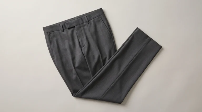 Home What are slacks, Charcoal men's slacks laid flat, showing the waistband, front pockets, leg shape and pressed creases