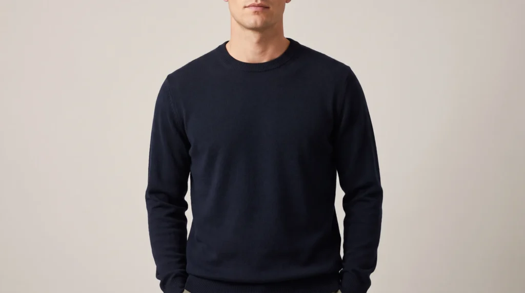 What is a crew neck? Front view of a navy crew-neck sweater showing its rounded ribbed neckline and shoulder fit